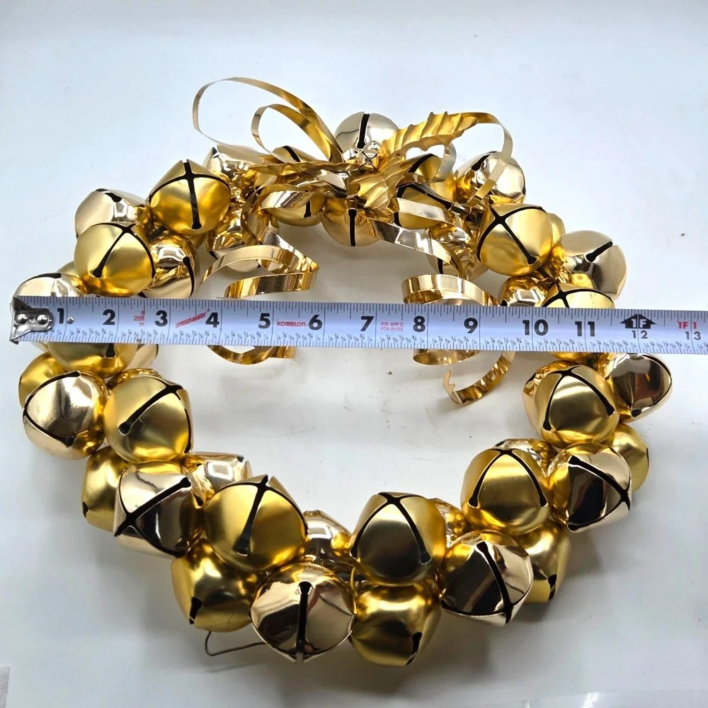 Christmas Gold Jingle Bell Wreath All Metal 2 Sided with Bow 12